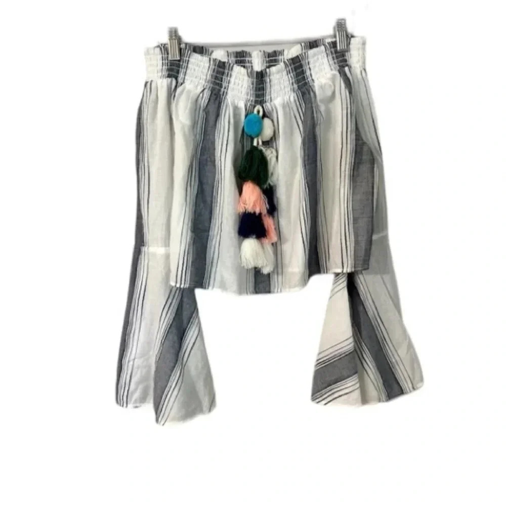 Anthropologie Lilka Women’s Stripe Pom Pom Crop Top Off the Shoulder Size M GUC